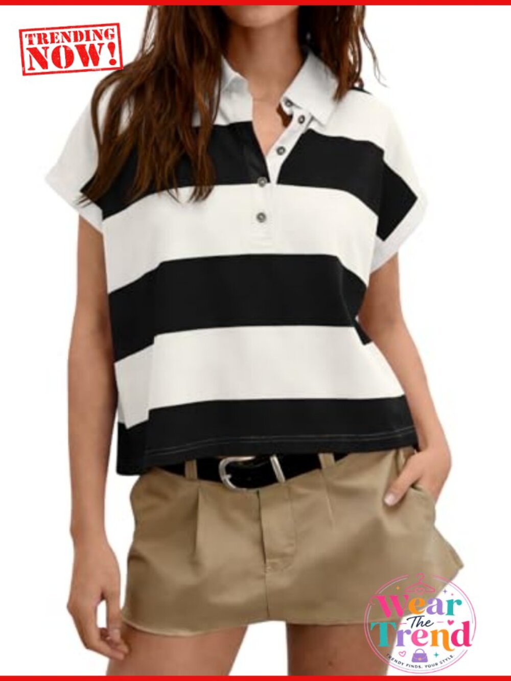 Womens Short Sleeve Rugby Polo Shirt Collared Striped Top Loose Fit Cotton Blend